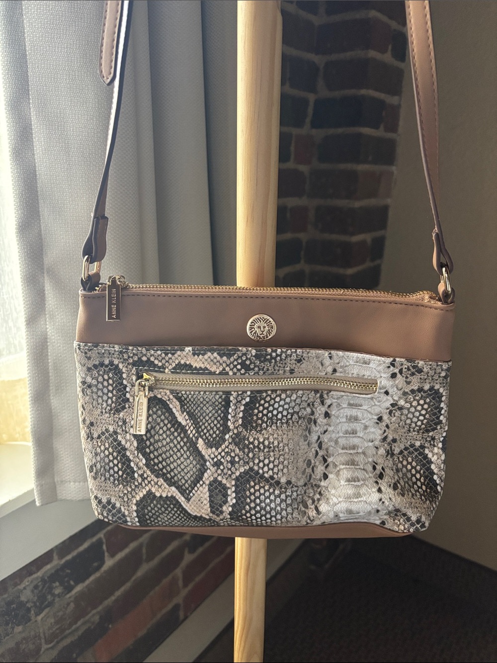 Anne Klein Snake-Print Crossbody with Brown Trim